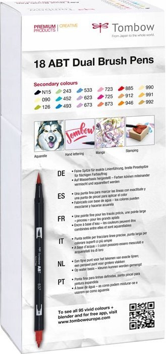 Set stilolapsash brush Tombow ABT Dual Brush Pen, 18 copë, ngjyra dytësore, paketim i bardhë