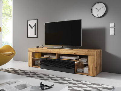 Komodë TV Everest Hugo, 140 cm, LED, Wotan Oak me front të zi me shkëlqim