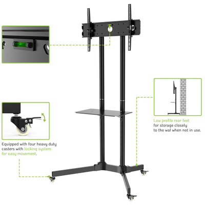 Stativ dyshemeje për TV Techly ICA-TR6, 30"-65", me rrota, me raft xhami, i zi