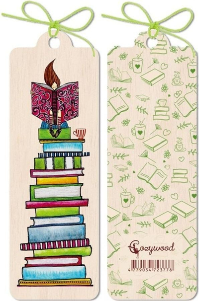 Shënues libri Cozywood Wooden Bookmark Books, dru natyral, dizajn libra shumëngjyrësh, me lidhëse jeshile