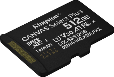 Kartë memorie Kingston Canvas Select Plus Gen3, 512GB, MicroSDXC A1 150MB/s, me adapter