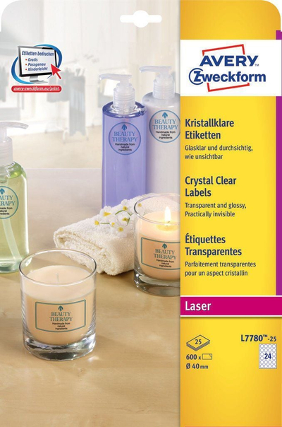 Etiketa transparente Avery Zweckform Crystal Clear L7780-25, rrethore Ø 40mm, 600 copë, transparente