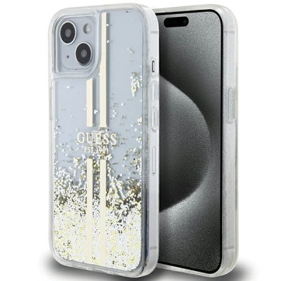 Husë telefoni Guess Liquid Glitter Stripes, për iPhone 15 Plus 14 Plus, transparente, ngjyrë ari
