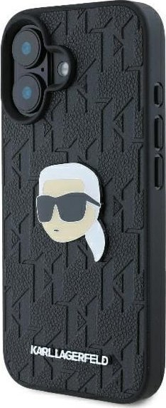 Kapak telefoni Karl Lagerfeld Monogram Karl Head Pin, për iPhone 16 6.1", TPU PC, i zi