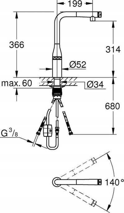 Rubinet kuzhine Grohe Essence SmartControl 31615A00, një rrugësh, montim mbi lavaman, grafit i errët