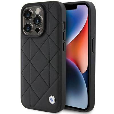 Këllëf telefoni BMW për iPhone 15 Pro Max, lëkurë quilted, me mbrojtje anësore, i zi