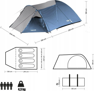 Шатор за кампување NILS CAMP Trekker NC6012, тунел за 4 лица, сино сив