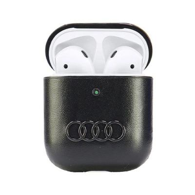 Kapak për AirPods Audi Leather Big Logo, lëkurë eko, kompatibël me karikim pa tela, i zi
