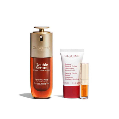 Set Clarins Double Serum, serum anti-plakje, 50 ml + balsam ndriçues, 15 ml + vaj për buzë, 1.4 ml + çantë kozmetike