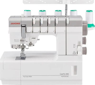 Makineri qepëse cover stitch Janome CoverPro 3000P, profesionale, me set fije dhe gjilpëra, e bardhë