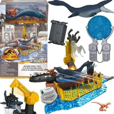 Set loje Jurassic World Dominion Minis Mosasaurus Mayhem, 2 figura dinosauri, aksesorë interaktivë, multingjyrësh