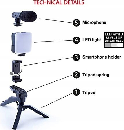 Set vlogimi Studio Creator INF 033, tripod me mikrofon, dritë LED, i bardhë
