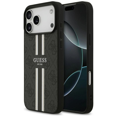 Mbrojtëse telefoni Guess 4G Printed Stripes MagSafe, për iPhone 17 Pro Max, e zezë