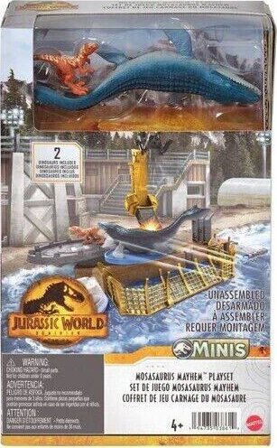 Set loje Jurassic World Dominion Minis Mosasaurus Mayhem, 2 figura dinosauri, aksesorë interaktivë, multingjyrësh