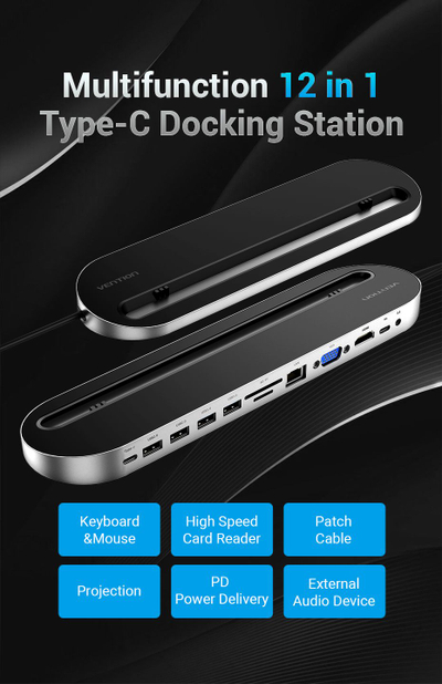 Stacion docking Vention 12 në 1 USB C, HDMI 4K, PD 87W, gri