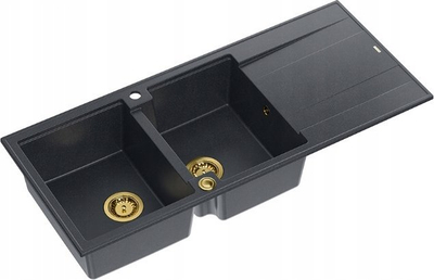 Lavaman kuzhine Quadron GraniteQ EVAN 121, 2 dhoma, 1160x500x210 mm, black diamond me elemente të arta