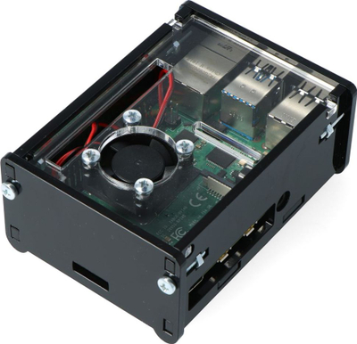 Куќиште Raspberry Pi Модел 4B, со вентилатор, пластично, црно транспарентно