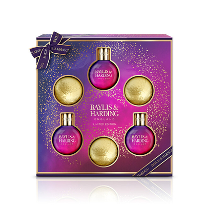Set për femra Baylis & Harding Fig & Pomegranate, krem dushi 100 ml + xhel dushi 100 ml + topa vaske 3 x 100 g