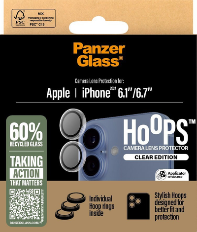 Mbrojtës kamere PanzerGlass Hoops, për iPhone 16 16 Plus, transparent