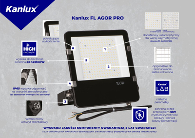 Prozhektor LED Kanlux FL AGOR PRO 100W, 4000K, IP65, gri