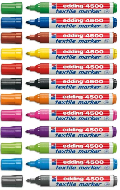 Marker tekstili Edding 4500, majë e rrumbullakët 2-3mm, set me ngjyra të ndryshme