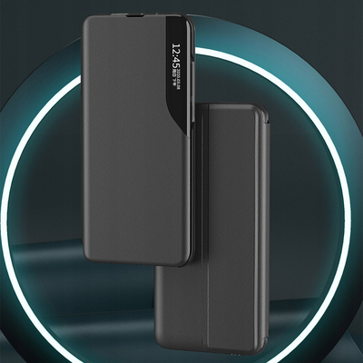 Футрола за телефон Hurtel Eco Leather View, за iPhone 16e, со држач, црна