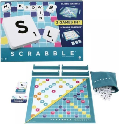 Lojë tavoline Mattel Scrabble 2 lojra në 1, origjinale, për familje, shumëngjyrëshe