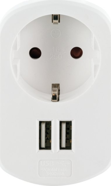 Adapter karikimi USB Schwaiger, futet direkt në prizë 230V me dalje kaluese, 2x USB, i bardhë