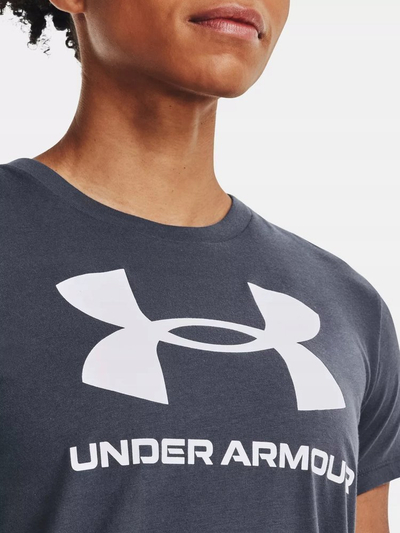 Bluzë sportive Under Armour Live Sportstyle Graphic W, pambuk me poliester, me logo të madhe, gri e errët
