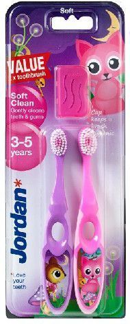 Furça dhëmbësh për fëmijë Jordan DUO Soft Clean, 3-5 vjeç, qime të buta, 2 copë, shumëngjyrëshe