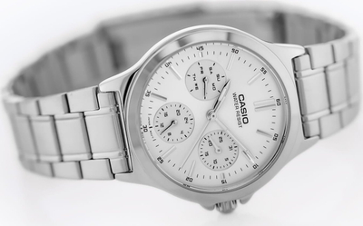 Orë dore Casio LTP-V300D-7A, multifunksione, çelik inoks, argjend, ciferblat i bardhë