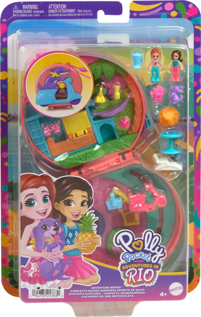 Сет за игра Polly Pocket Adventures in Rio Doggy Adventure Moped, компактен playset, за деца 4+ години, повеќебојно