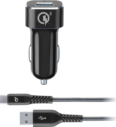 Karikues makine Cellularline USB, Quick Charge 3.0, me kabllo USB Type C, i zi