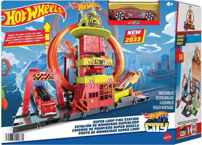Set loje Hot Wheels City Super Loop Fire Station, me pistë loop, përfshin kamion zjarrfikës 1:64, shumëngjyrësh