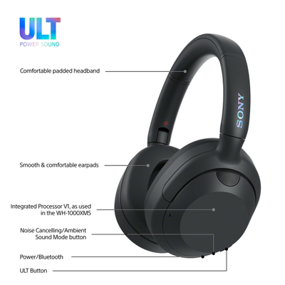 Надувни слушалки Sony ULT Wear WHULT900N, беспроводни, со поништување на бучава, црни