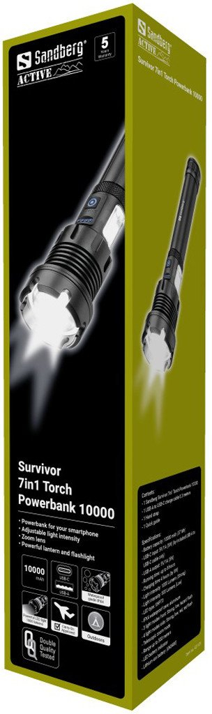 Powerbank Sandberg Survivor 7in1 Torch, 10000mAh, elektrik dore LED, i zi
