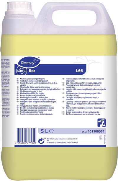 Detergjent për lavastovilje Diversey Suma Bar L66, alkaline, 5L, i verdhë