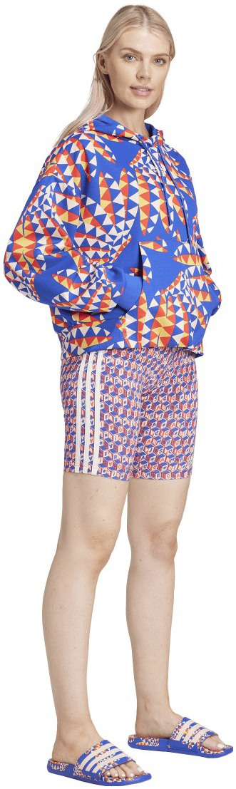 Bluzë me kapuç Adidas X FARM Rio, për femra, pambuk i përzier, blu me print shumëngjyrësh