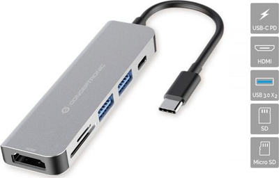 Stacion USB C Conceptronic DONN02G, 6 në 1, HDMI, Power Delivery, gri