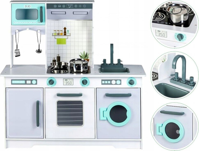 Kuzhinë druri për kalamaj ECOTOYS, set me aksesorë, ngjyra neutrale me blu