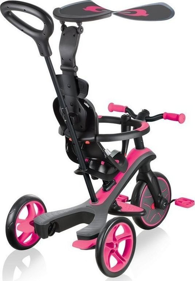 Tricikël 4-në-1 Globber Explorer Trike, me tendë dielli, rrip sigurie 5 pika, rozë