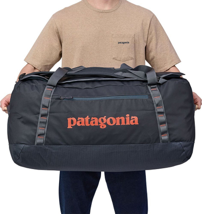 Çantë udhëtimi Patagonia Black Hole Duffel 100L, beze e fortë, me rripa shpine, gri e errët
