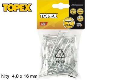 Riveta alumini Topex 43E404, 4x16mm, set me 50 copë, ngjyrë argjendtë
