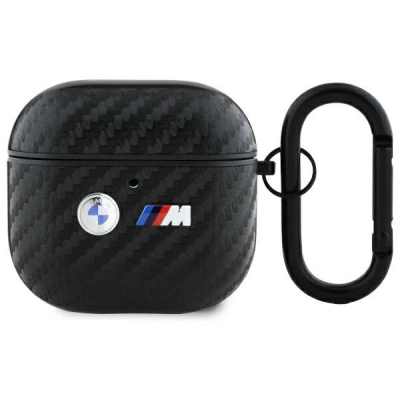 Mbështjellës BMW M Metal Logo për AirPods 4, teksturë karbon, me karabinë, i zi