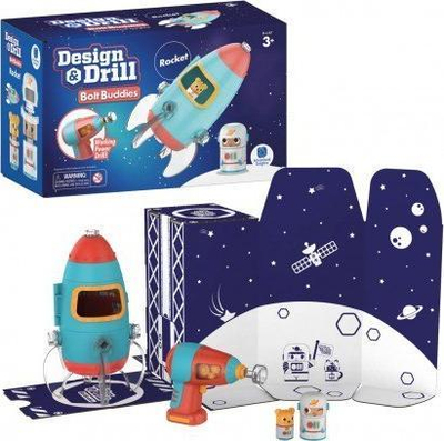 Играчка за градење Educational Insights Design &amp; Drill Bolt Buddies Rocket, со електрична вежба, со фигурини на астронаут и кученце, многуобоени