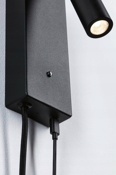 Spot muri LED Paulmann Hulda me USB Type‑C, dimer, i zi
