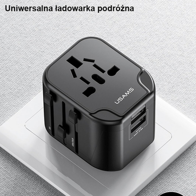 Karikues udhëtimi USAMS T55 US CC173, 2xUSB 12W, adapter universal 4 në 1, i zi