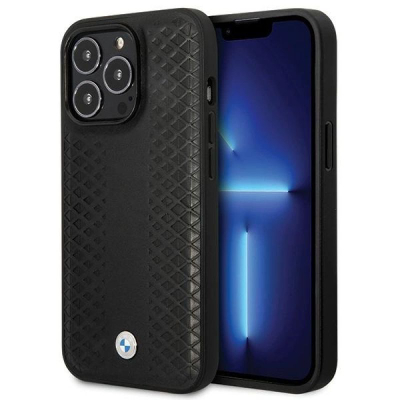 Futrollë BMW Signature për iPhone 14 Pro, lëkurë, model Diamond, e zezë