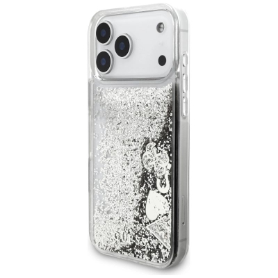 Kapak telefoni Guess Liquid Glitter Charms GUHCP17XGLHFLSI, për iPhone 17 Pro Max, transparent me shkëlqim, ngjyrë argjendi