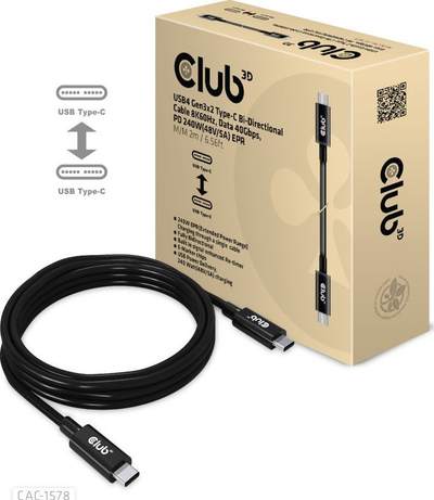 Kabllo USB4 Club 3D CAC-1576, 40 Gbps, PD 240W, 2m, e zezë